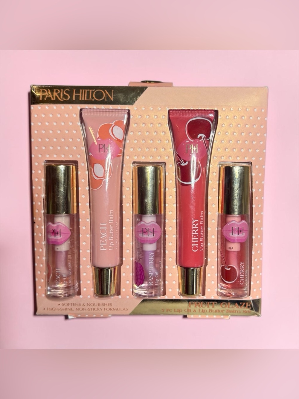 🍑🍒PARIS HILTON🍑🍒5-PC Fruit Glaze Lip Oil & Lip Butter Balm Set/NIB